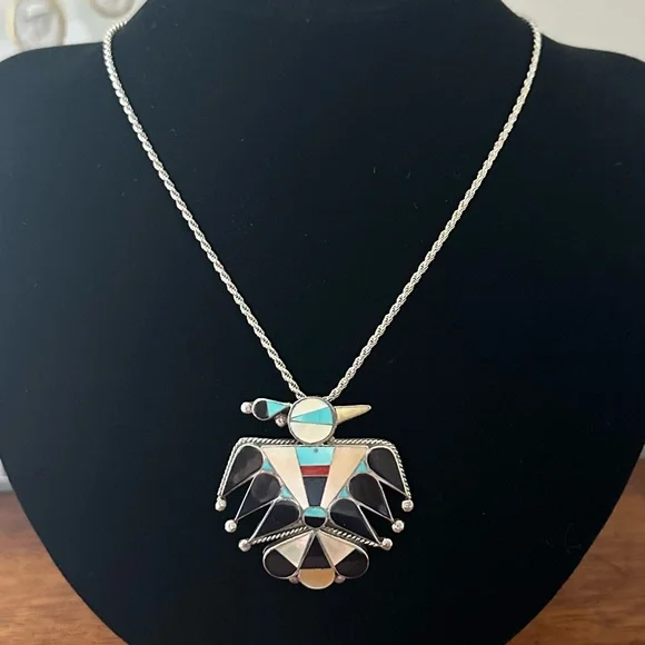 Vintage Old Pawn Zuni Sterling Silver Inlay Thunderbird Pendant Brooch Necklace - Picture 2 of 9